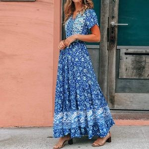 NWT Noracora Maxi Dress Boho Floral Birds Summer Spring Blue White Size Small
